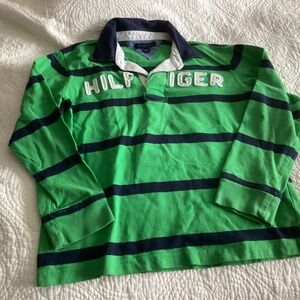 Hilfiger Green and Blue Stripped Rugby Polo Shirt - size medium (8-10)